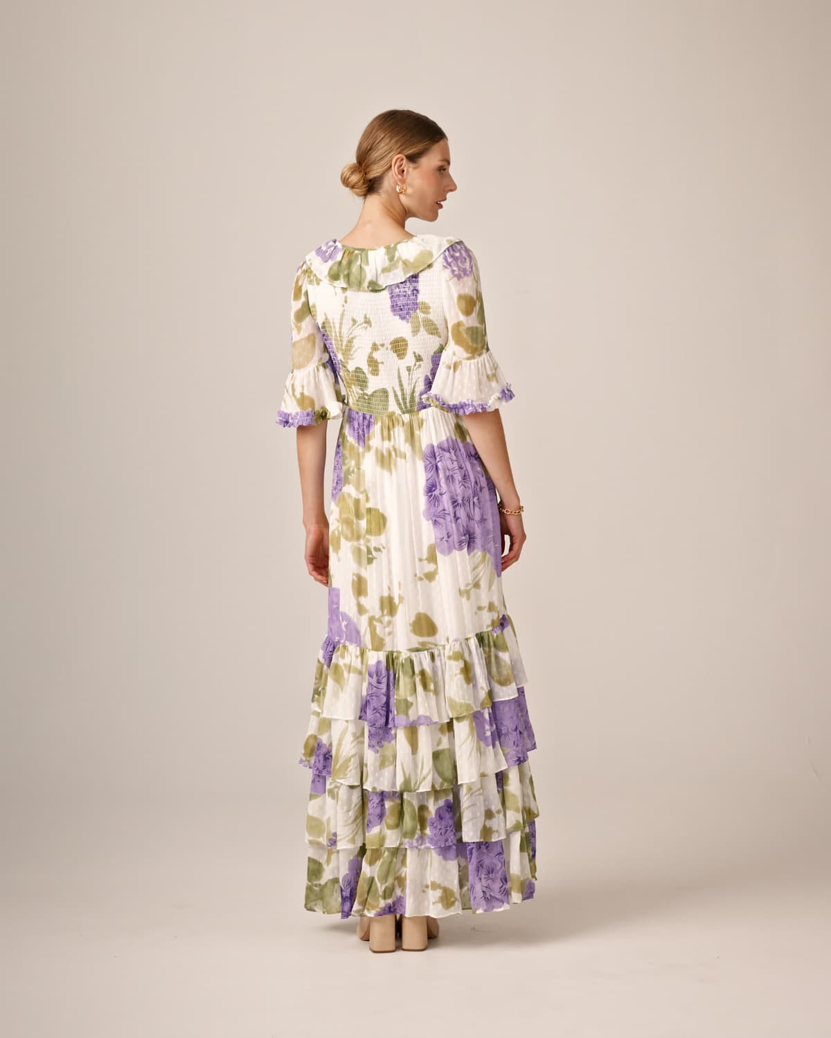 Dotted Georgette Rouching Dress, Purple Flowerfield. Image #3