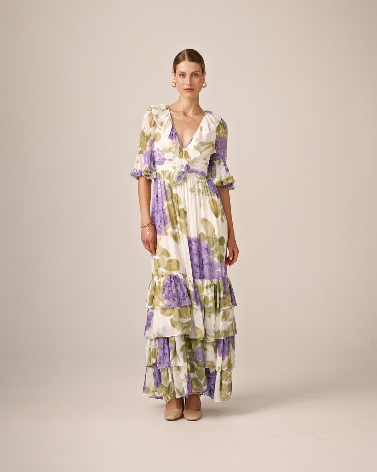 Dotted Georgette Rouching Dress, Purple Flowerfield. Image #2