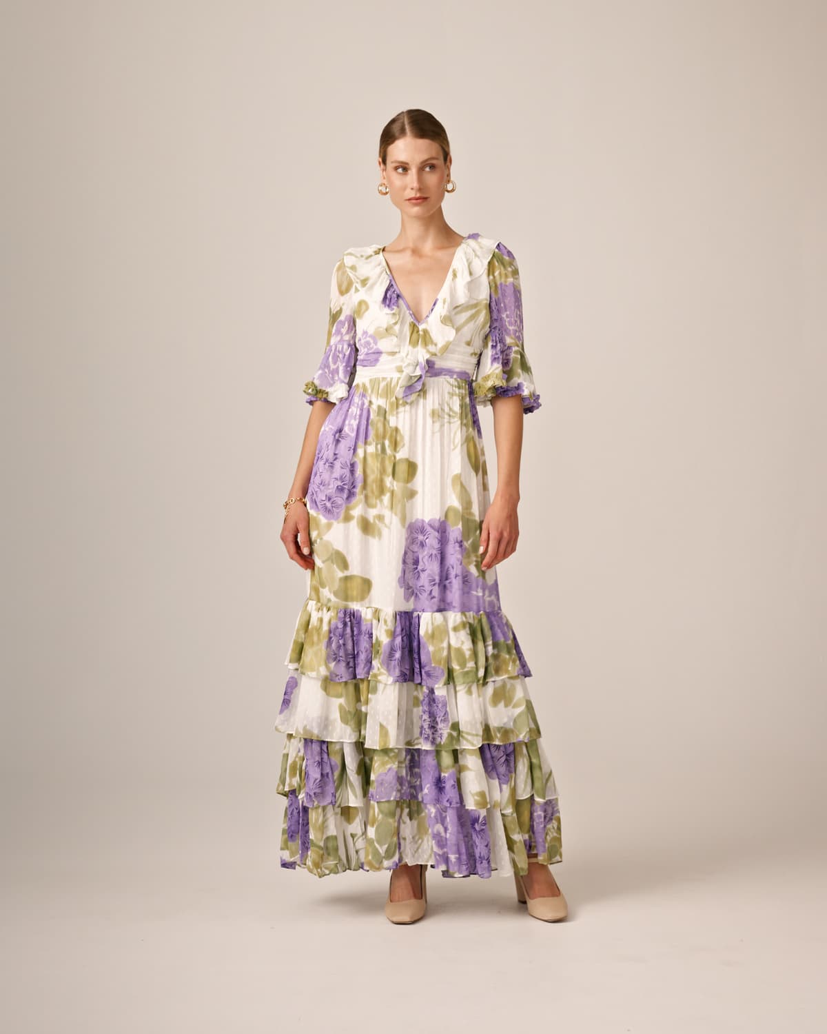 Dotted Georgette Rouching Dress, Purple Flowerfield. Image #1