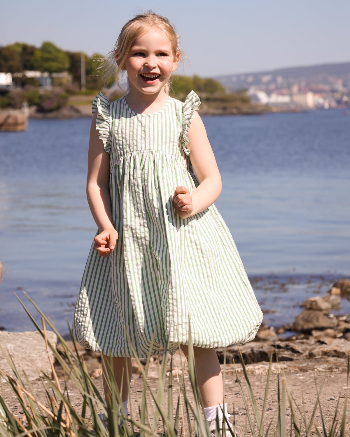 Seersucker Sleeveless Dress, Green Stripe. Image #4