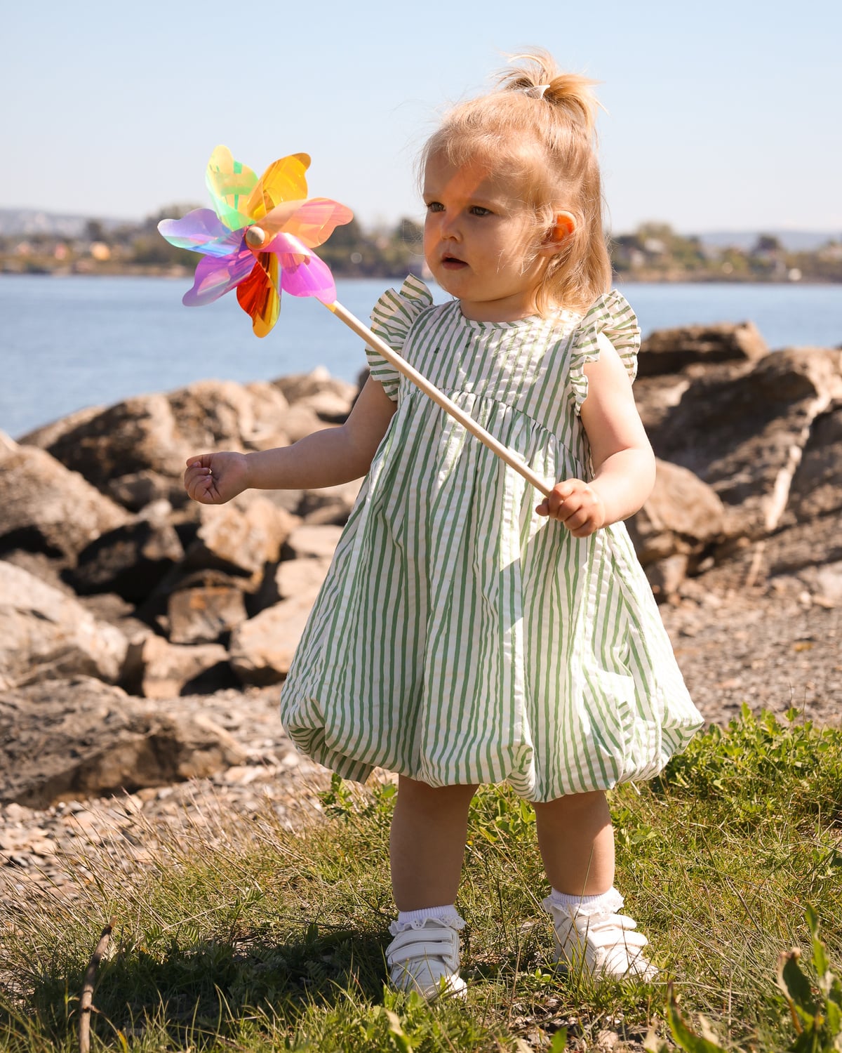 Seersucker Sleeveless Dress, Green Stripe. Image #3