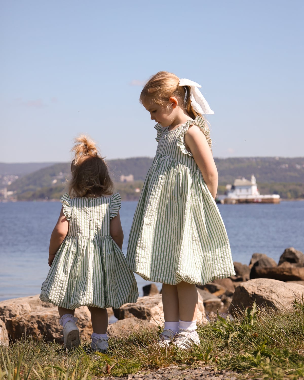 Seersucker Sleeveless Dress, Green Stripe. Image #1