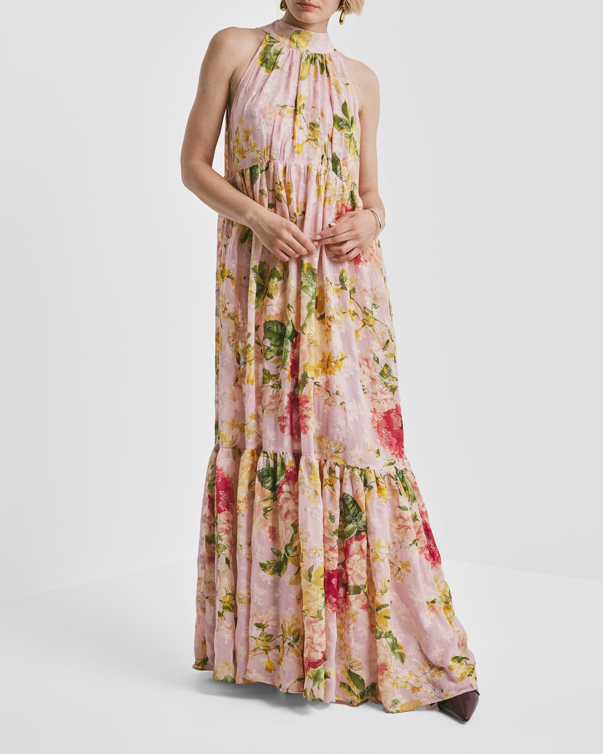 Georgette Halterneck Dress, Blush Flowers. Image #1