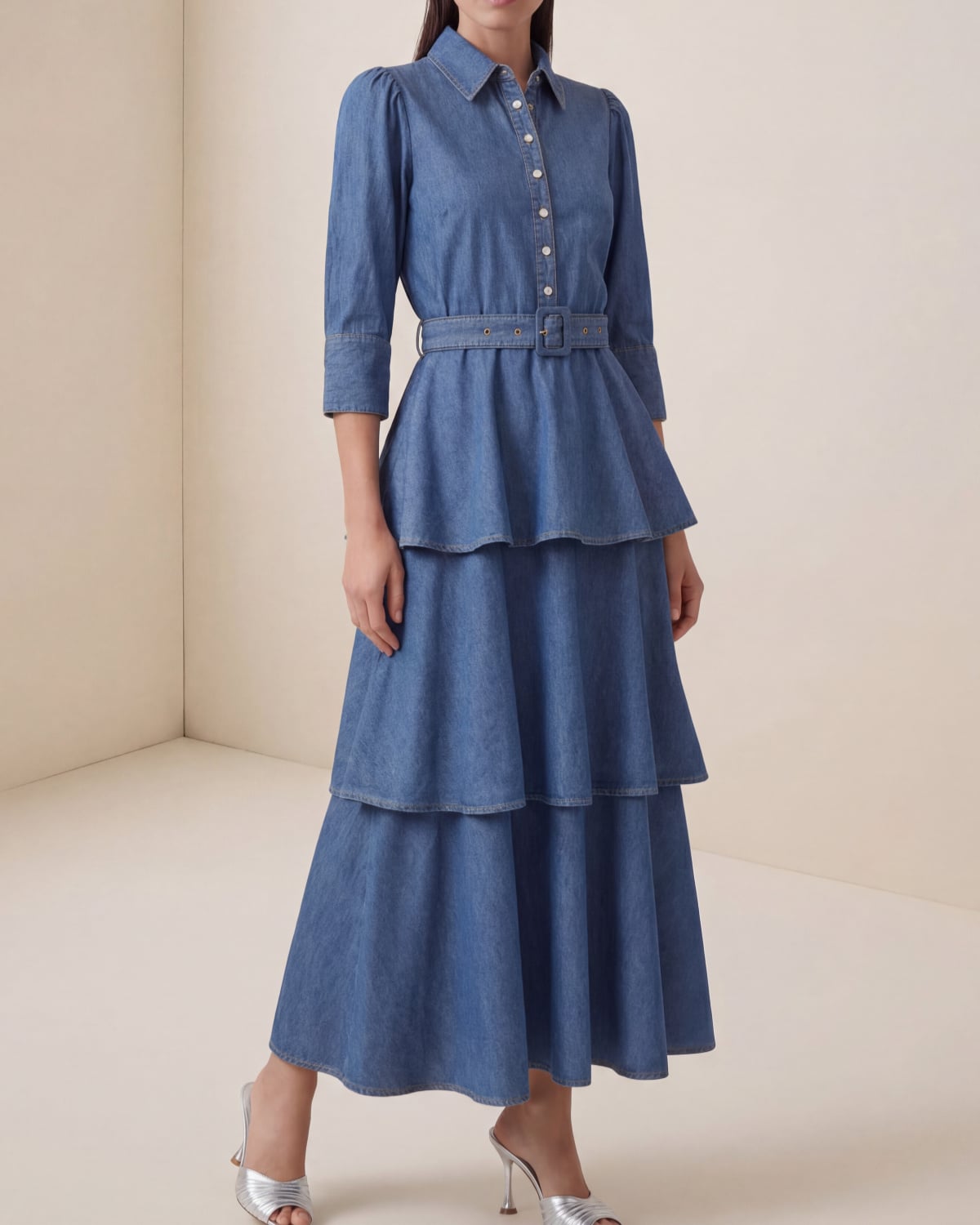 Denim Flounce Dress, French Blue. Image #2