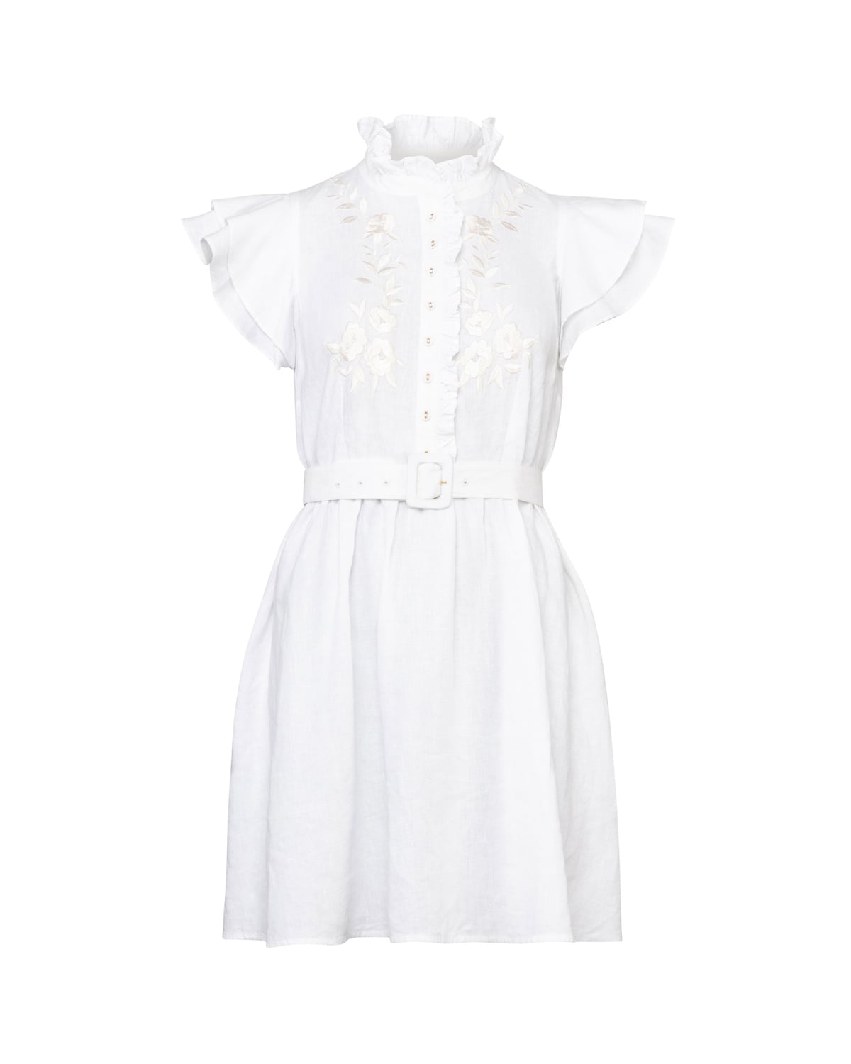 Linen Embroidered Ruffle Dress, White. Image #5