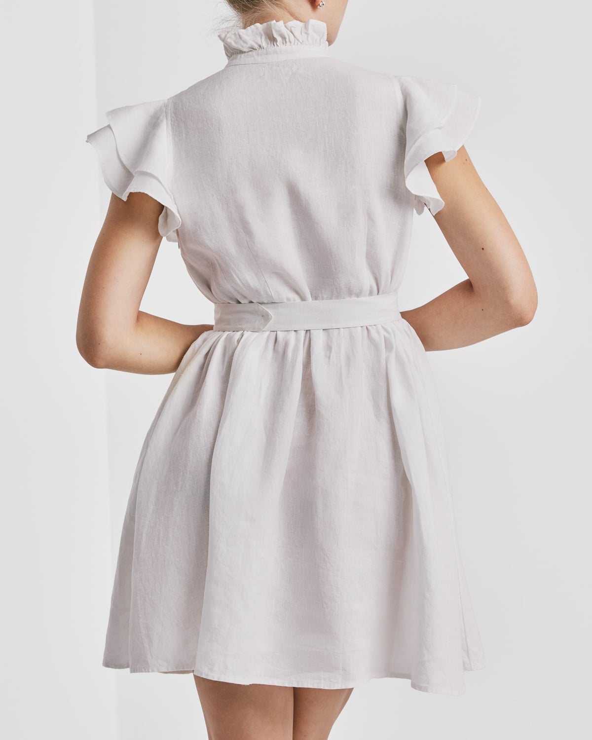 Linen Embroidered Ruffle Dress, White. Image #4