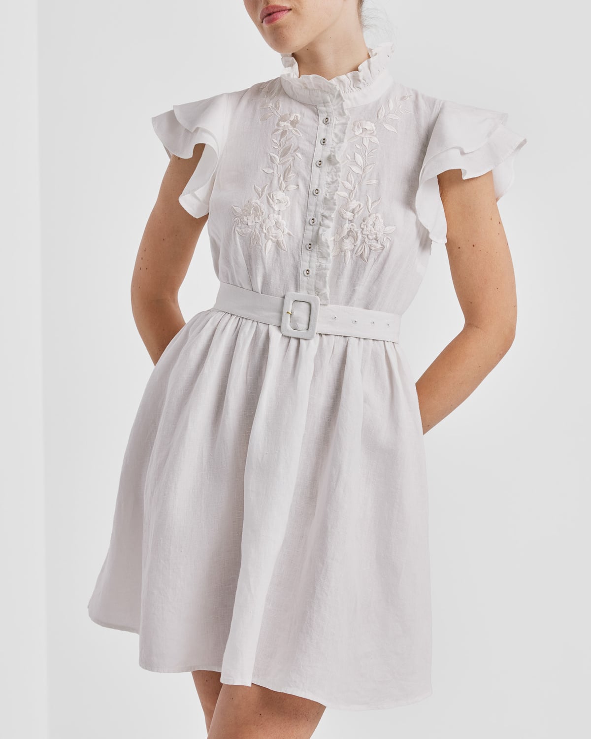 Linen Embroidered Ruffle Dress, White. Image #3