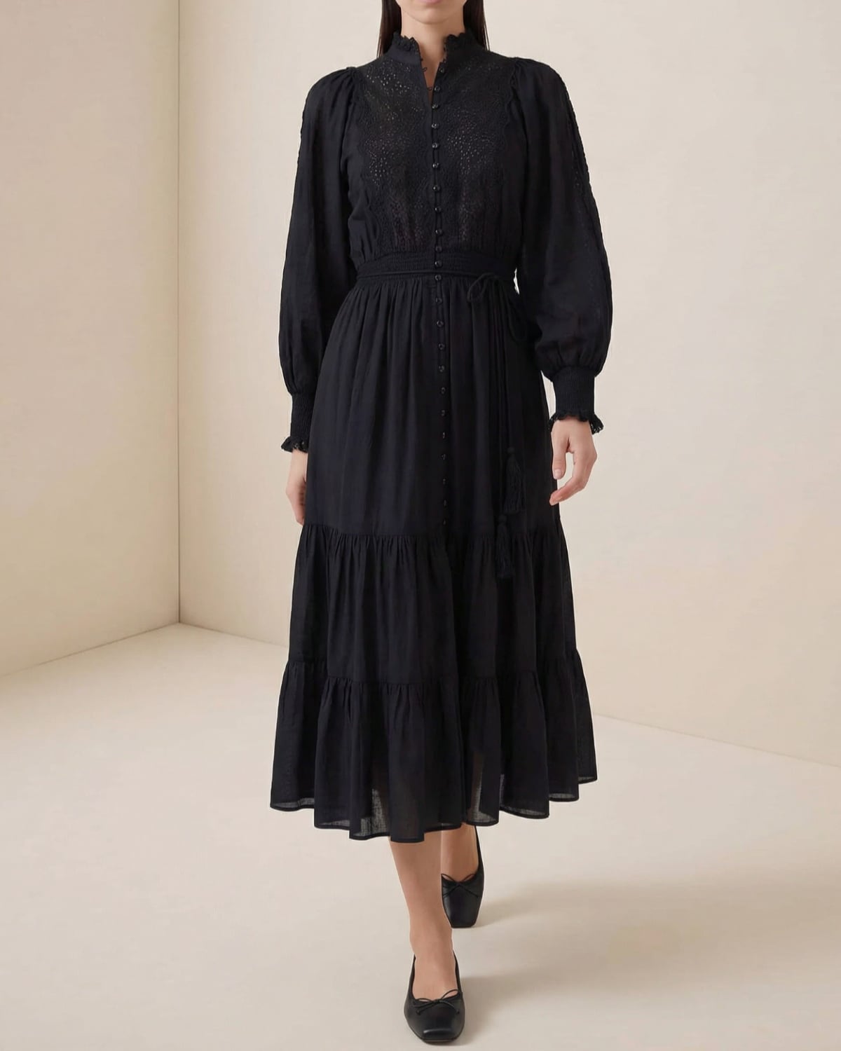 Cotton Slub Midi Dress, Black. Image #2