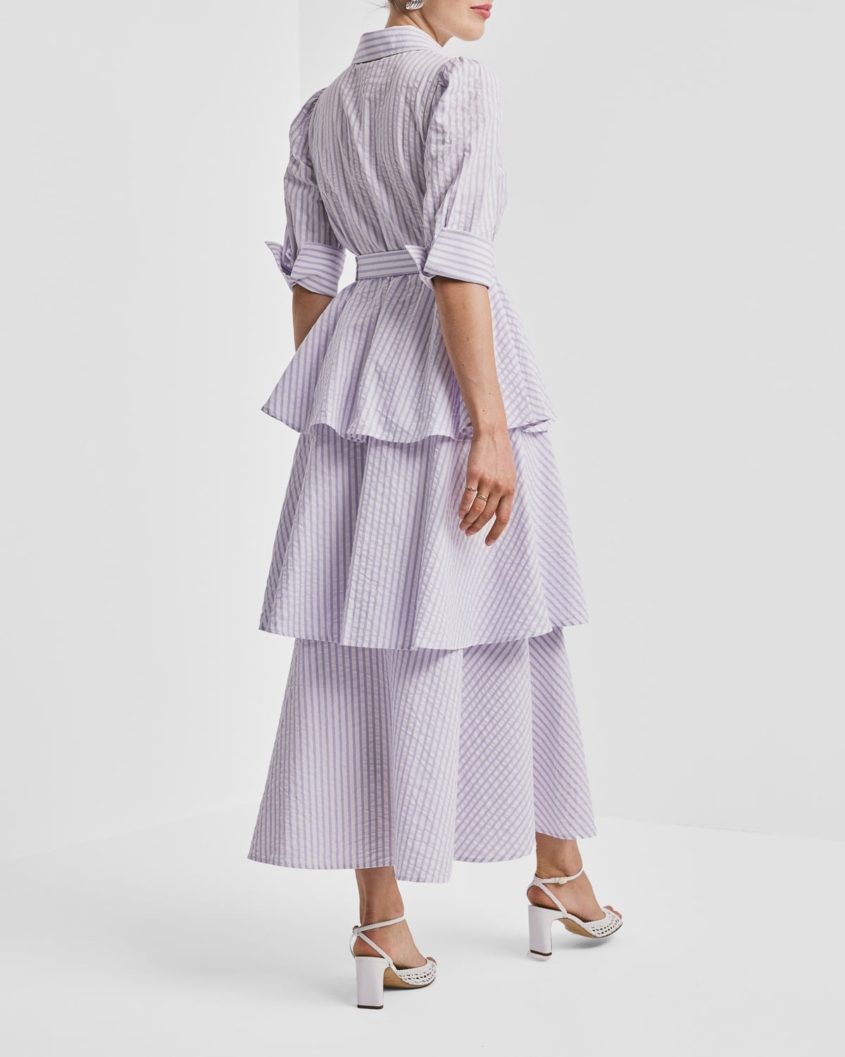 Seersucker Flounce Dress, Lilac Stripe. Image #2