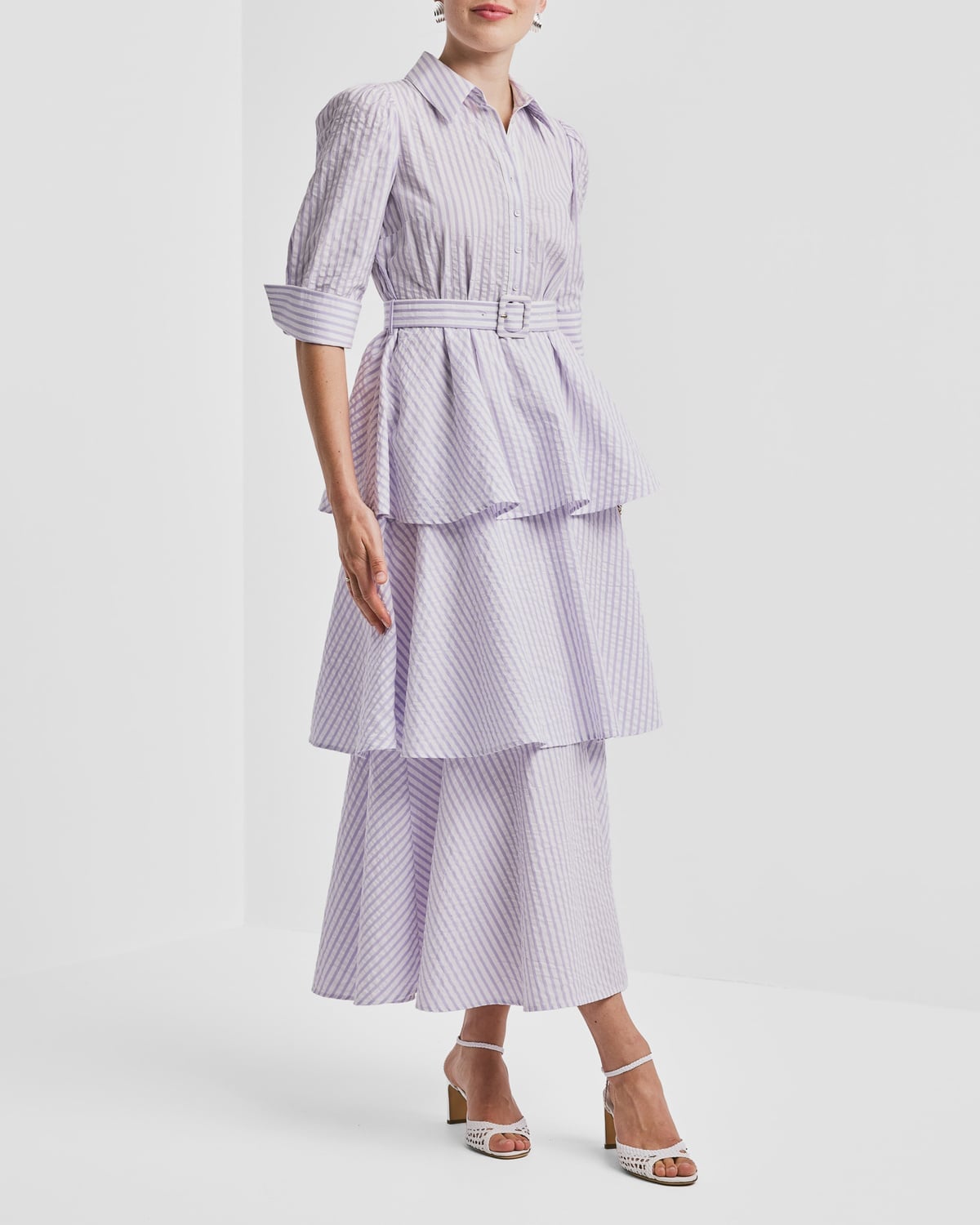 Seersucker Flounce Dress, Lilac Stripe. Image #3