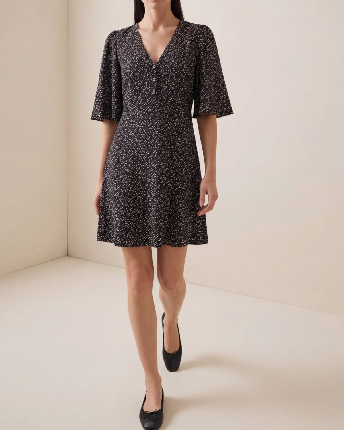 Spring V-Neck Dress, Black Dots. Image #3