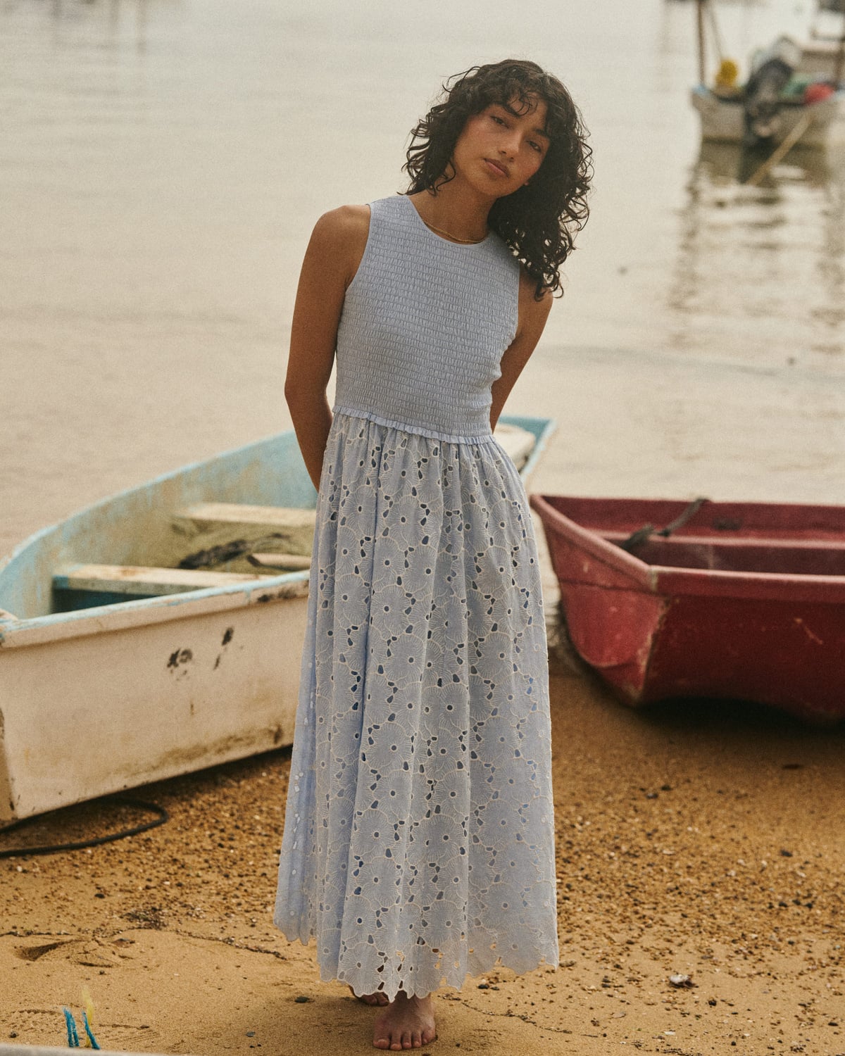 Broderie Anglaise Smocking Dress, Light Blue. Image #1