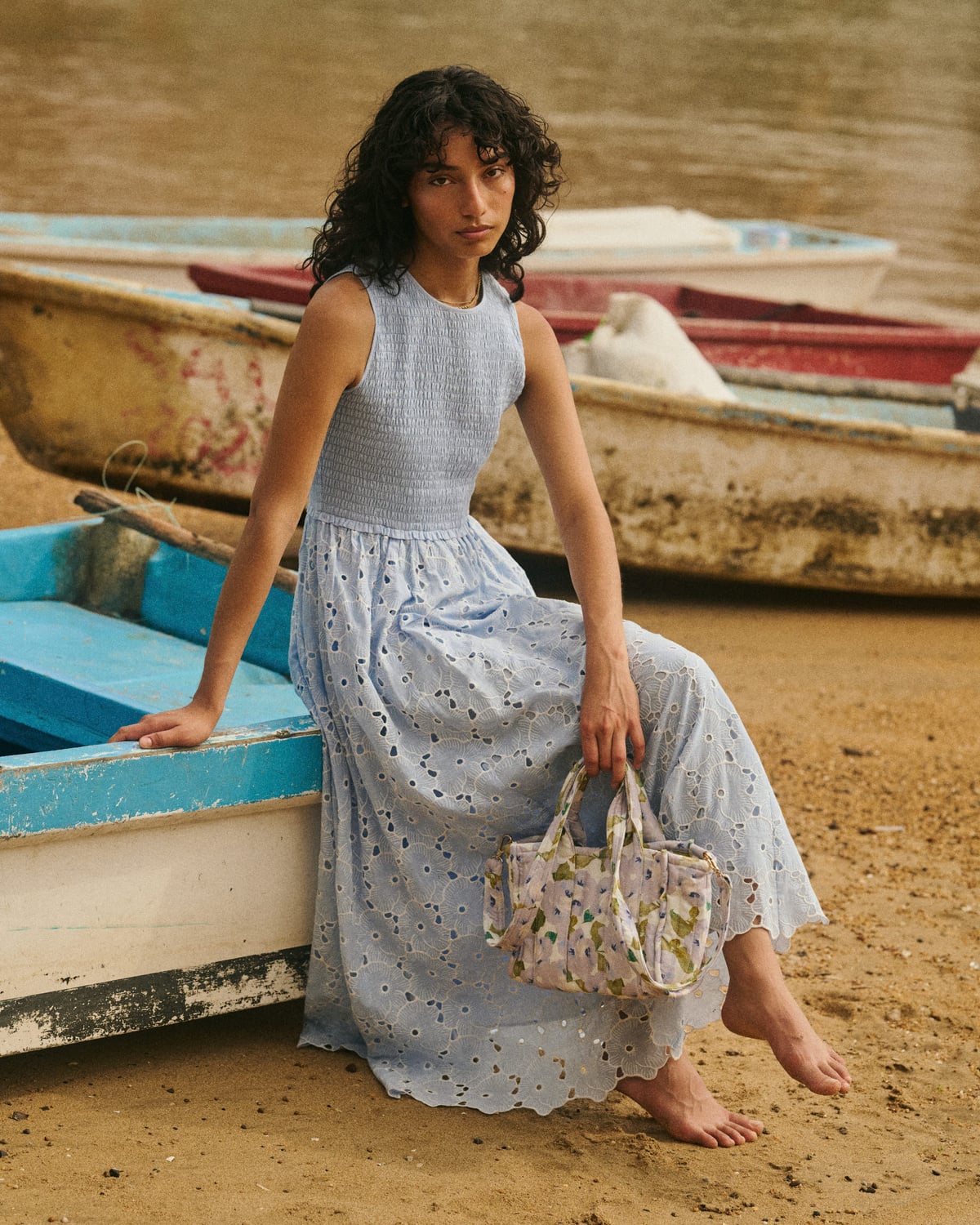 Broderie Anglaise Smocking Dress, Light Blue. Image #3