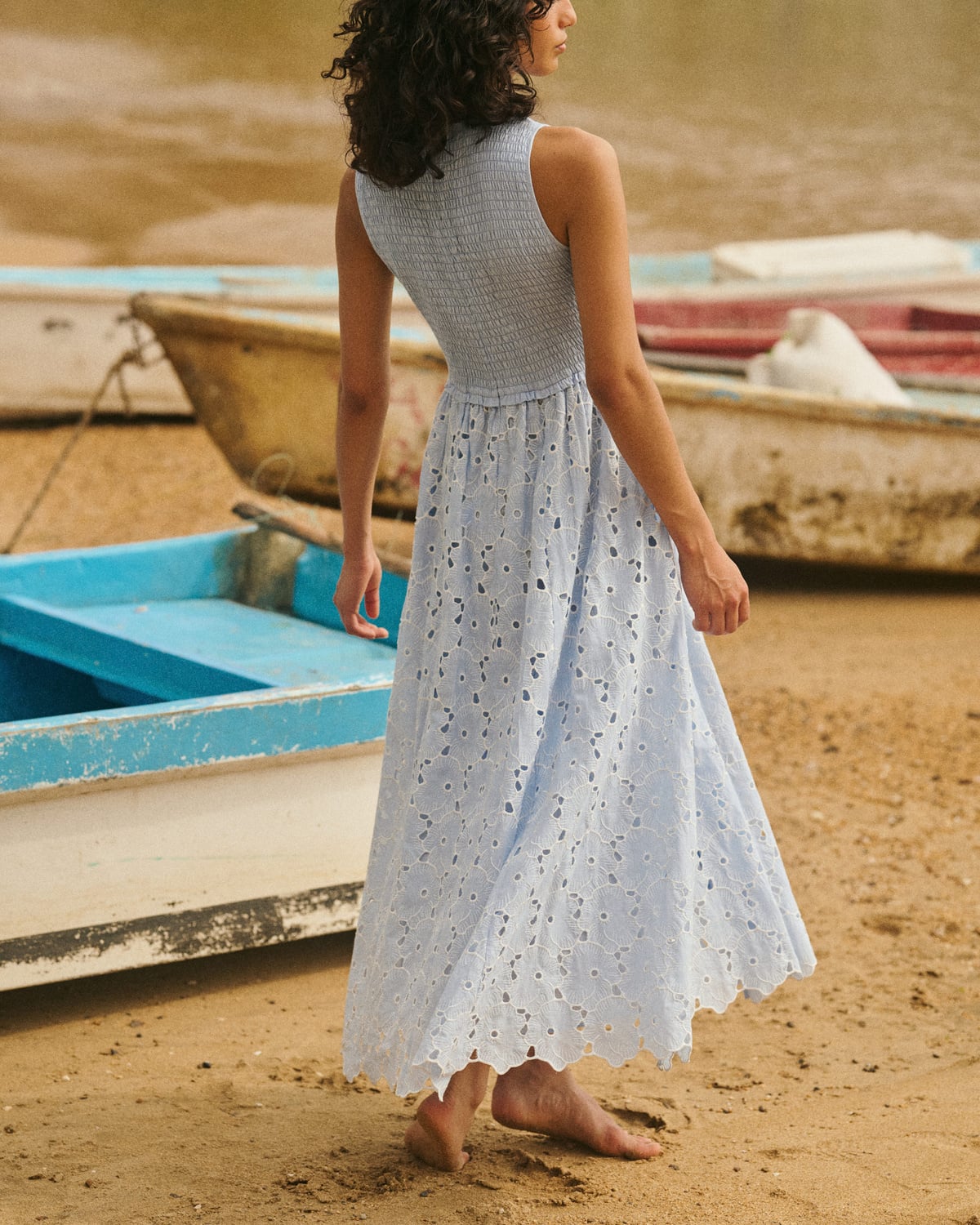 Broderie Anglaise Smocking Dress, Light Blue. Image #2