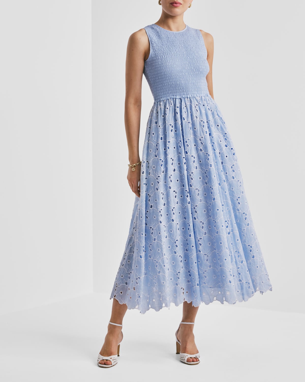 Broderie Anglaise Smocking Dress, Light Blue. Image #5