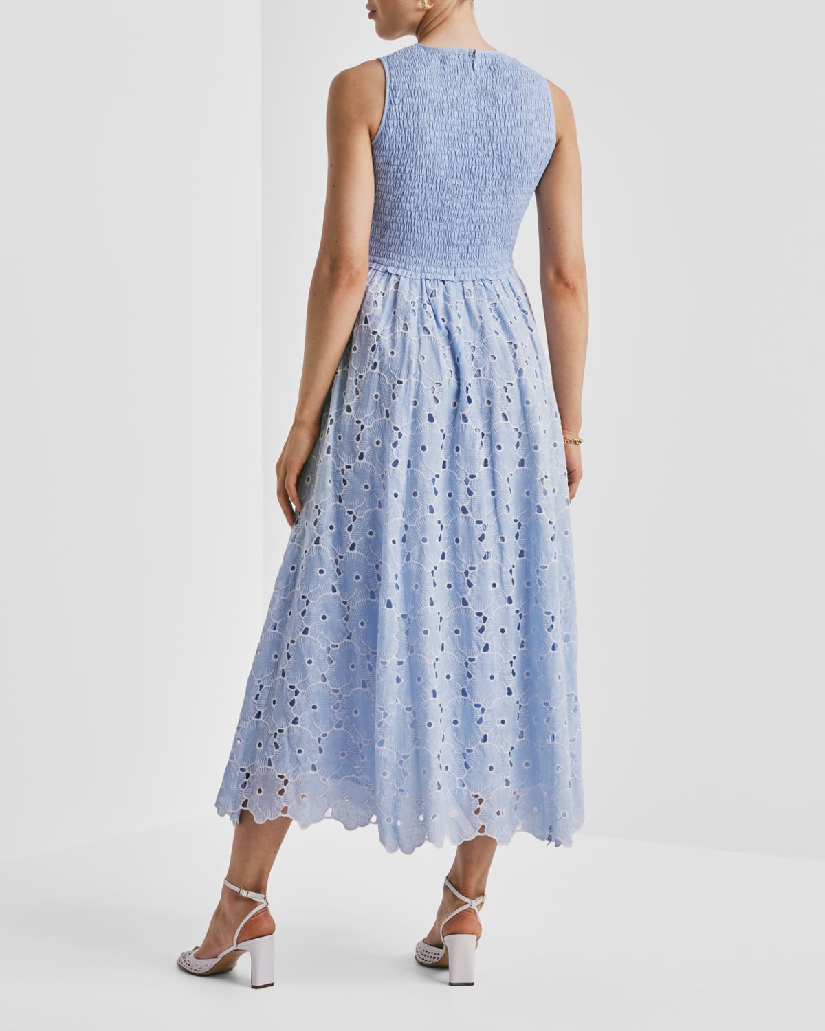 Broderie Anglaise Smocking Dress, Light Blue. Image #6