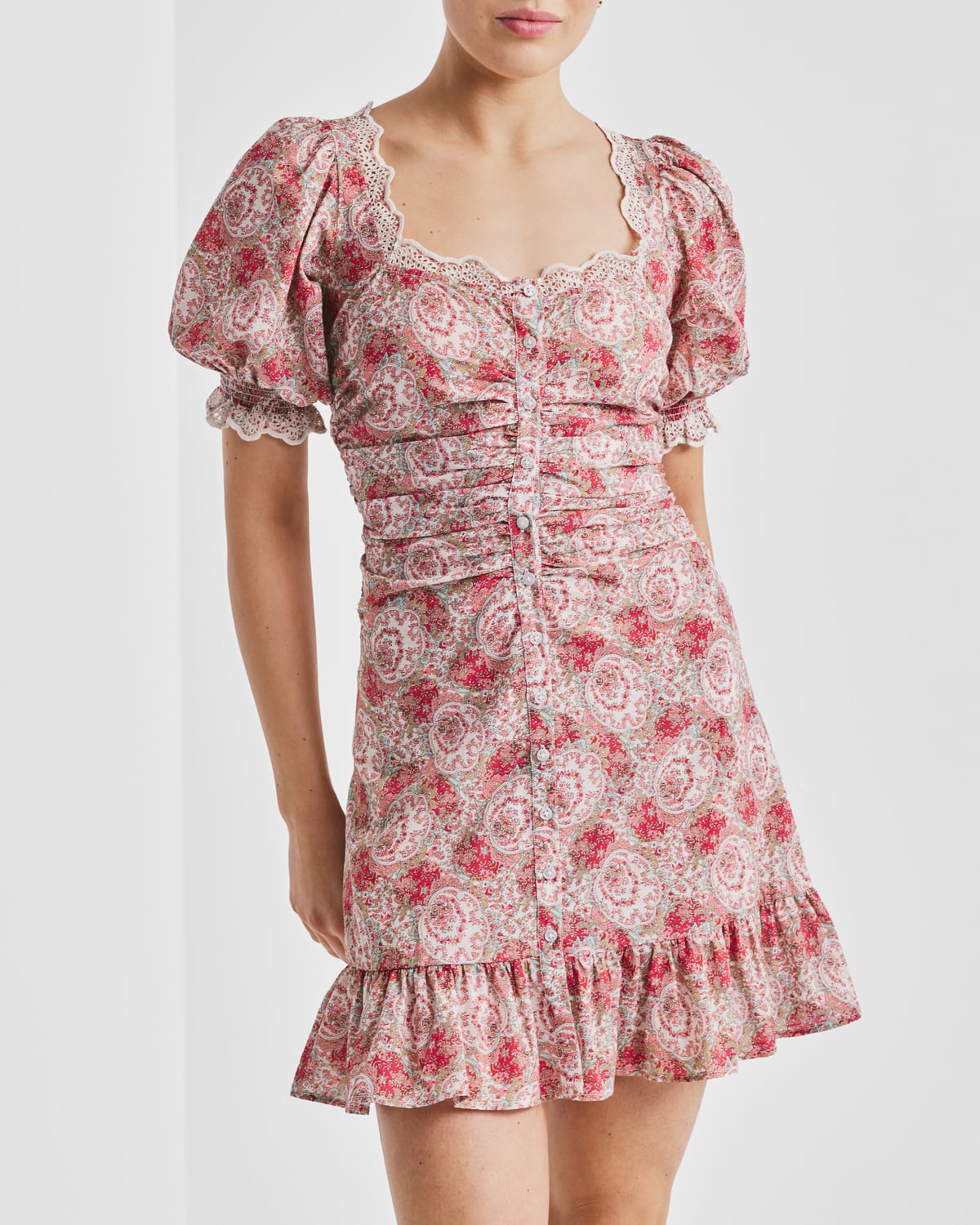 Cotton Slub Rouching Dress, Red Paisley. Image #2