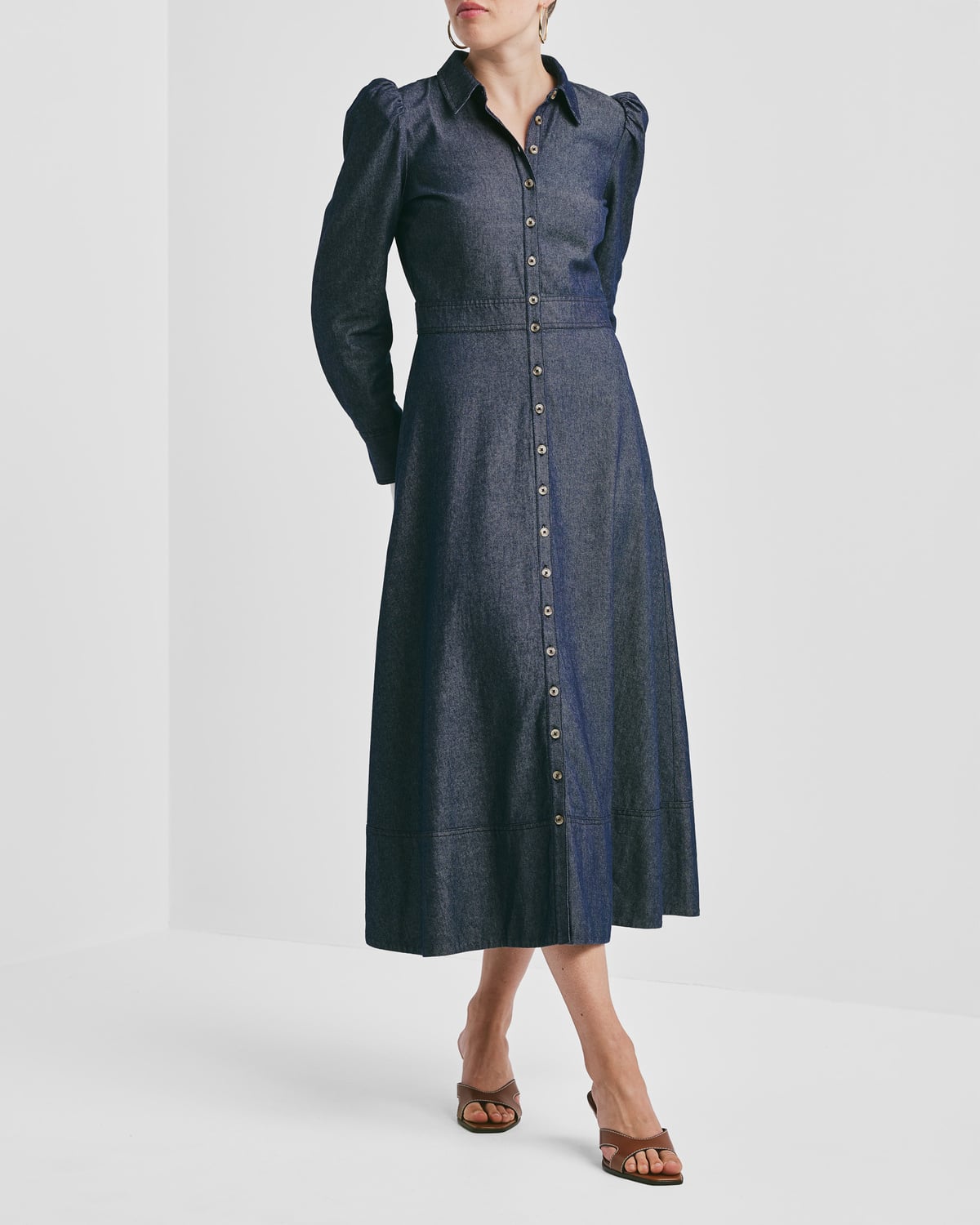 Denim Button-Down Dress, Dark Blue. Image #2