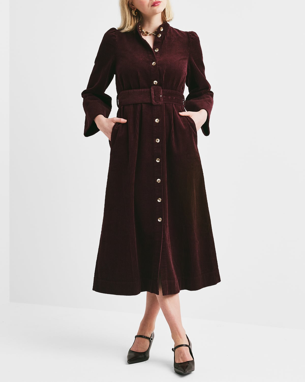 Corduroy Belt Dress, Burgundy. Image #1