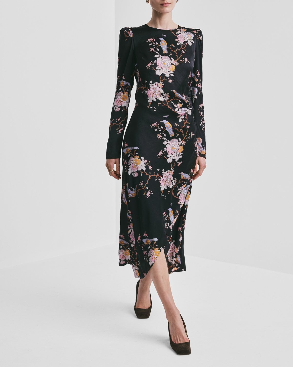 Satin Midi Dress, Midnight Birds. Image #1