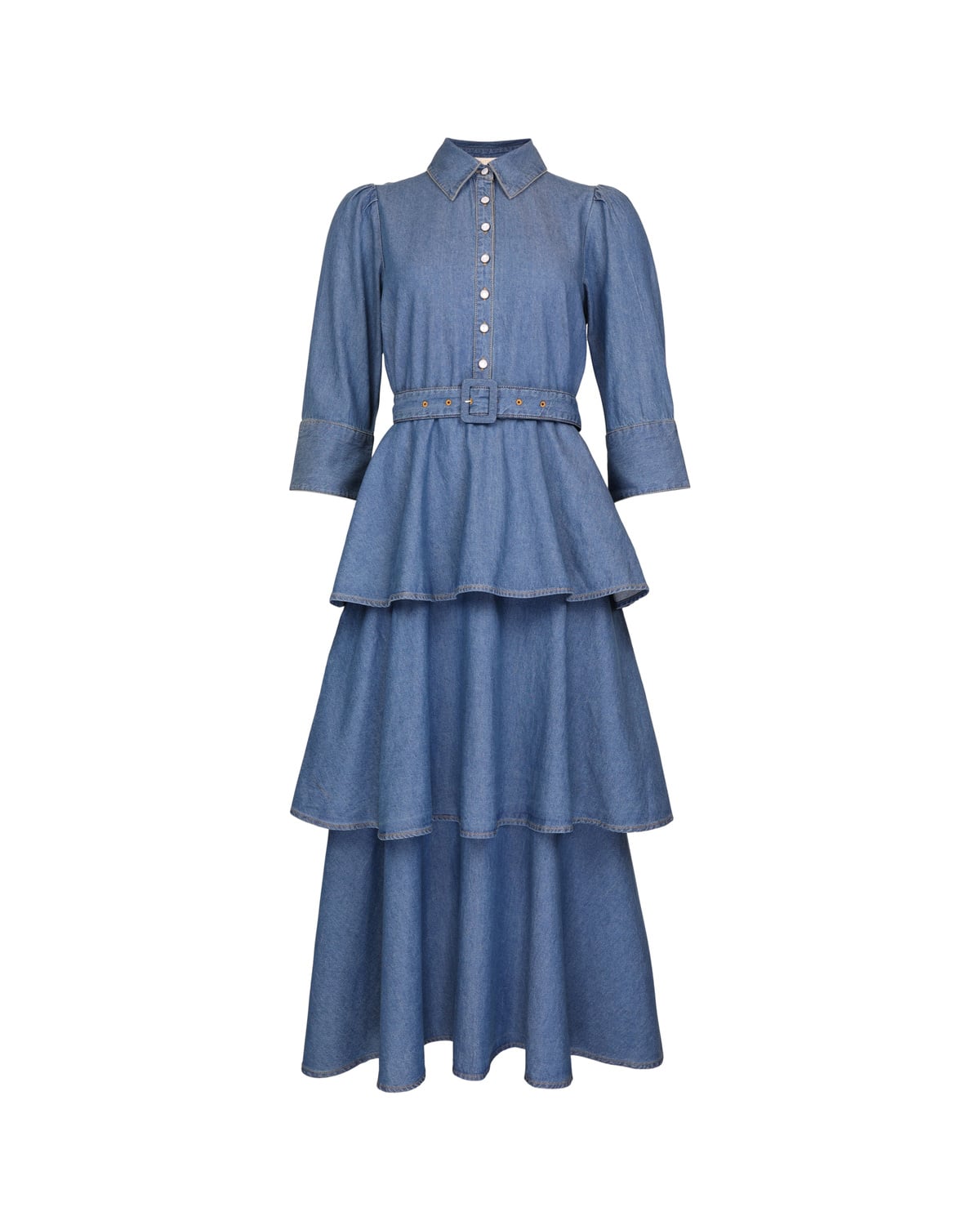 Denim Flounce Dress, French Blue. Image #1