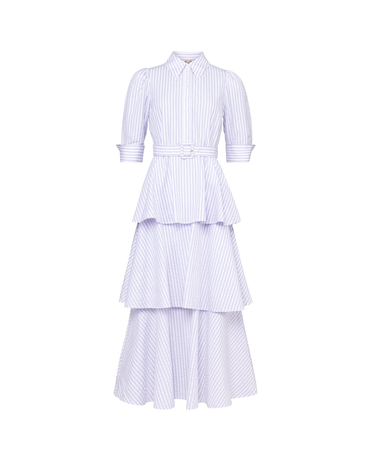 Seersucker Flounce Dress, Lilac Stripe. Image #1