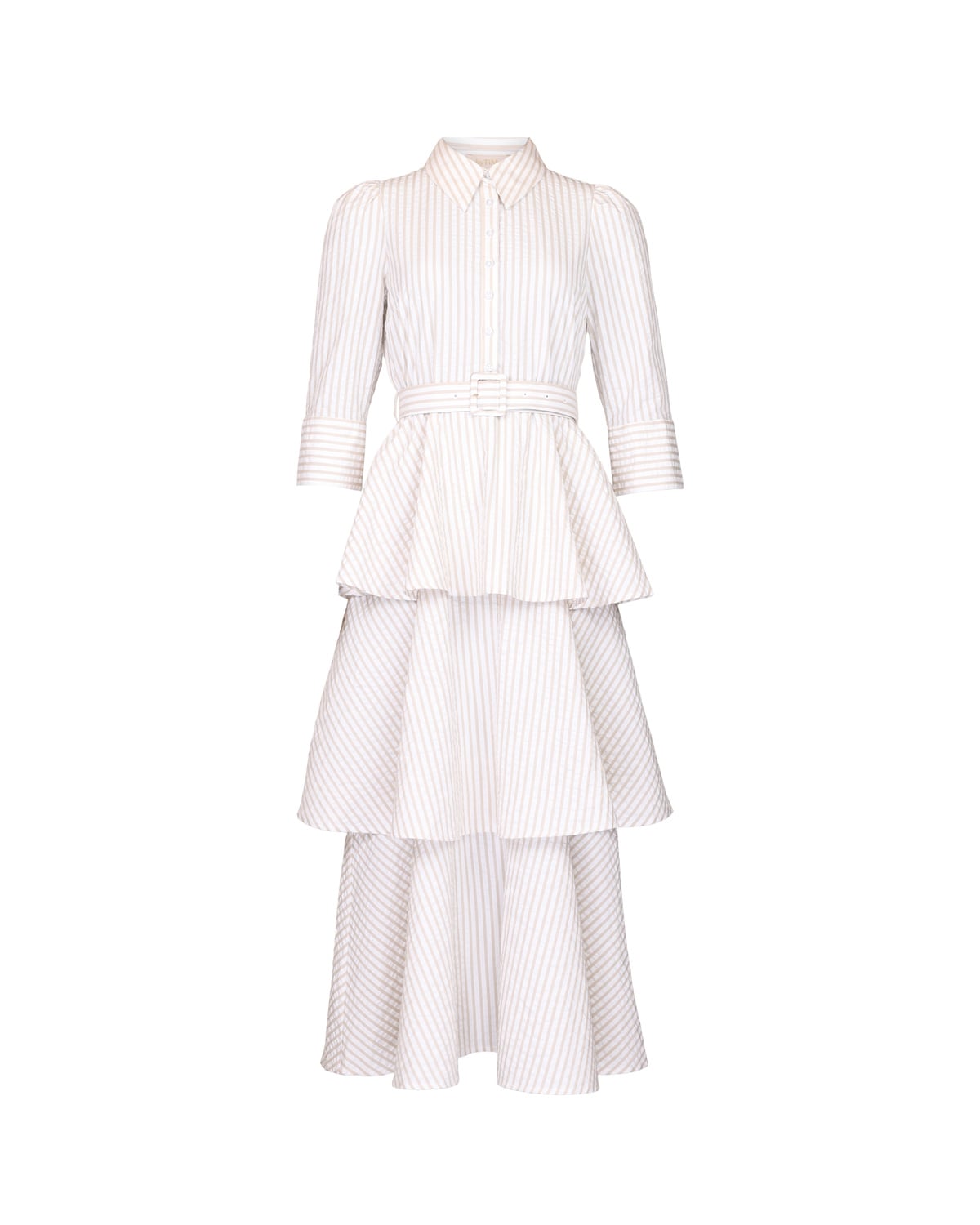 Seersucker Flounce Dress, Khaki Stripe. Image #1