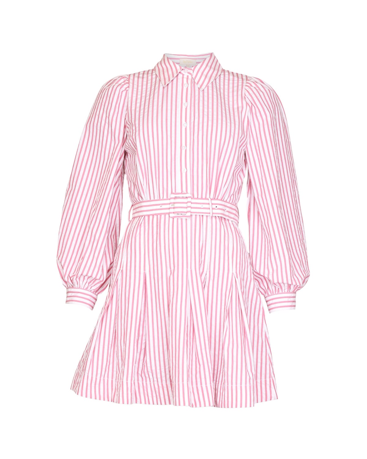 Seersucker Pleated Dress, Pink Stripe. Image #1