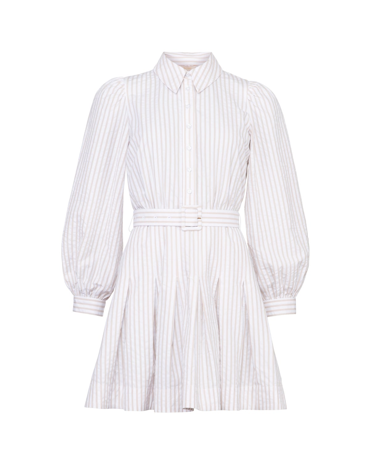 Seersucker Pleated Dress, Khaki Stripe. Image #1