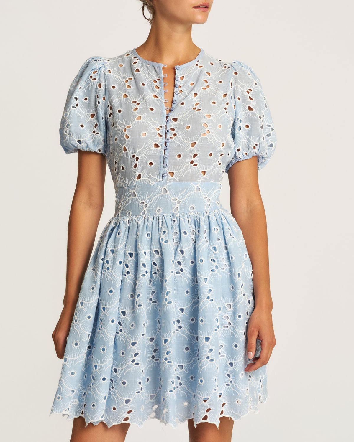 Broderie Anglaise Puffed Dress, Light Blue. Image #2