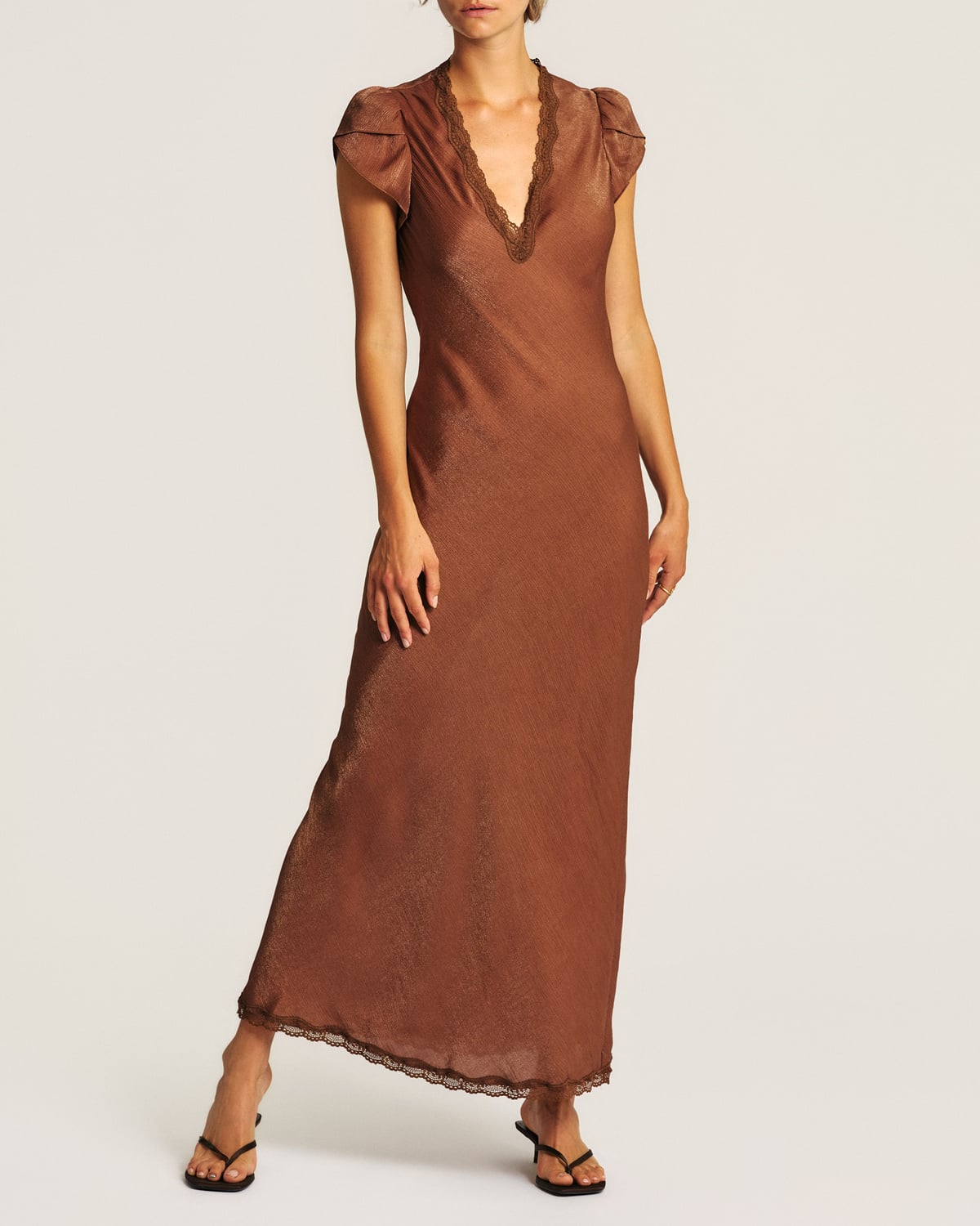 Shiny V-Neck Dress, Brown. Image #2