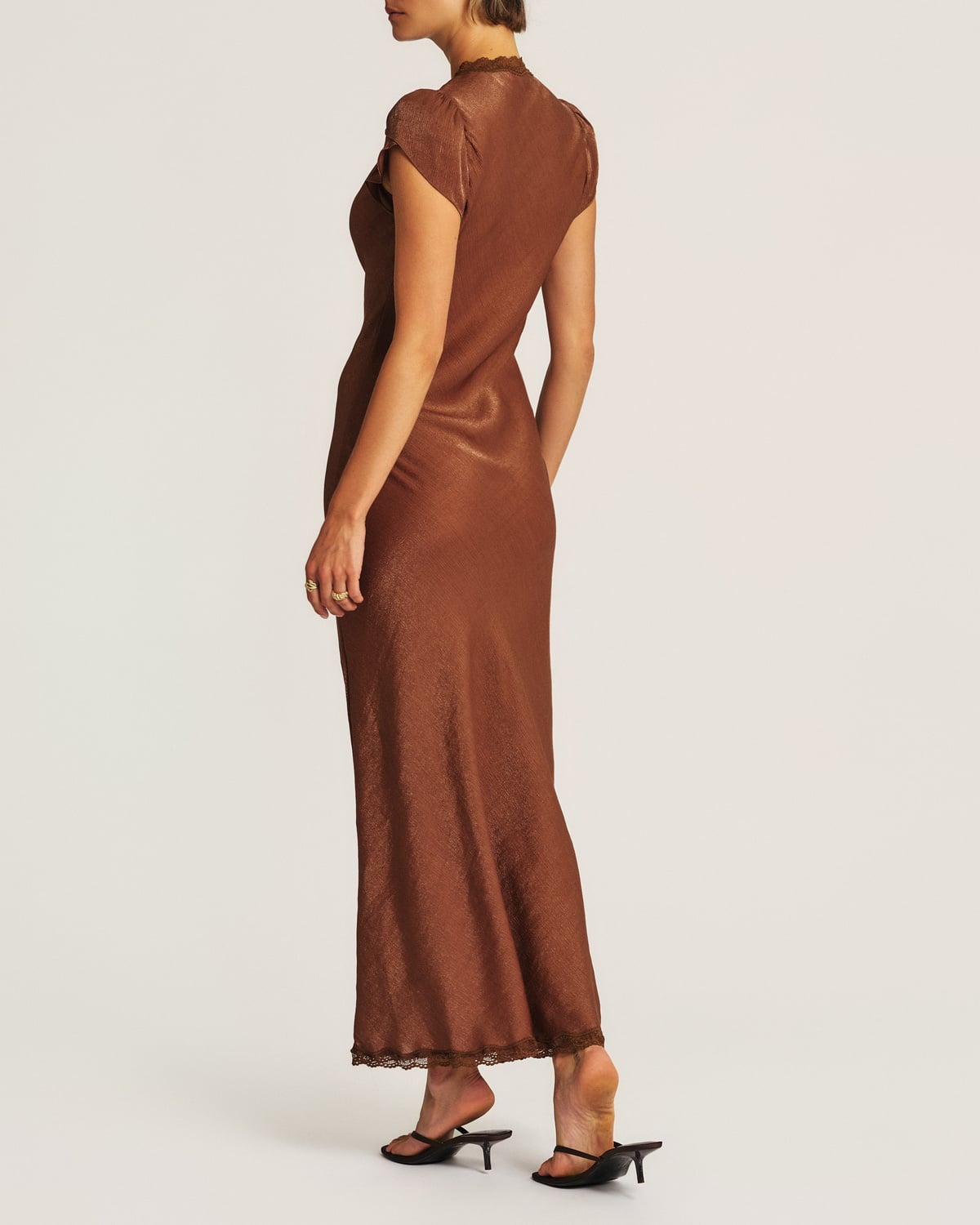 Shiny V-Neck Dress, Brown. Image #3