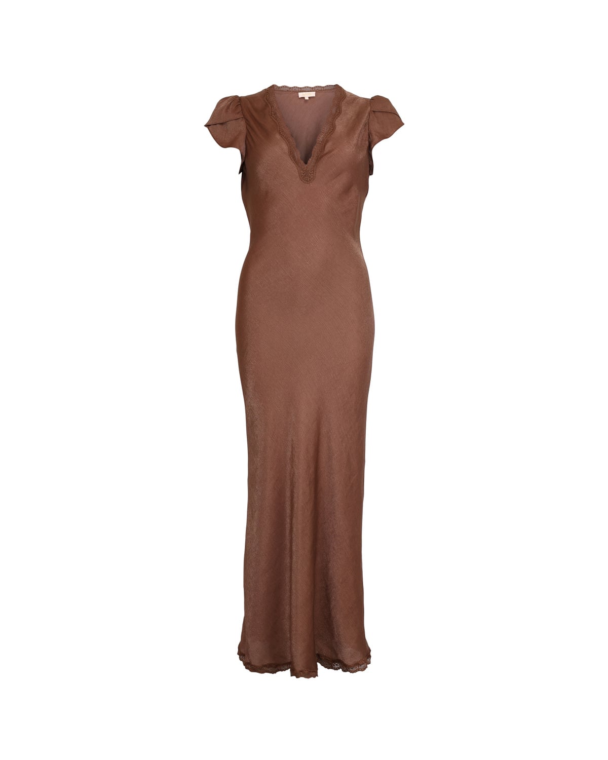 Shiny V-Neck Dress, Brown. Image #1