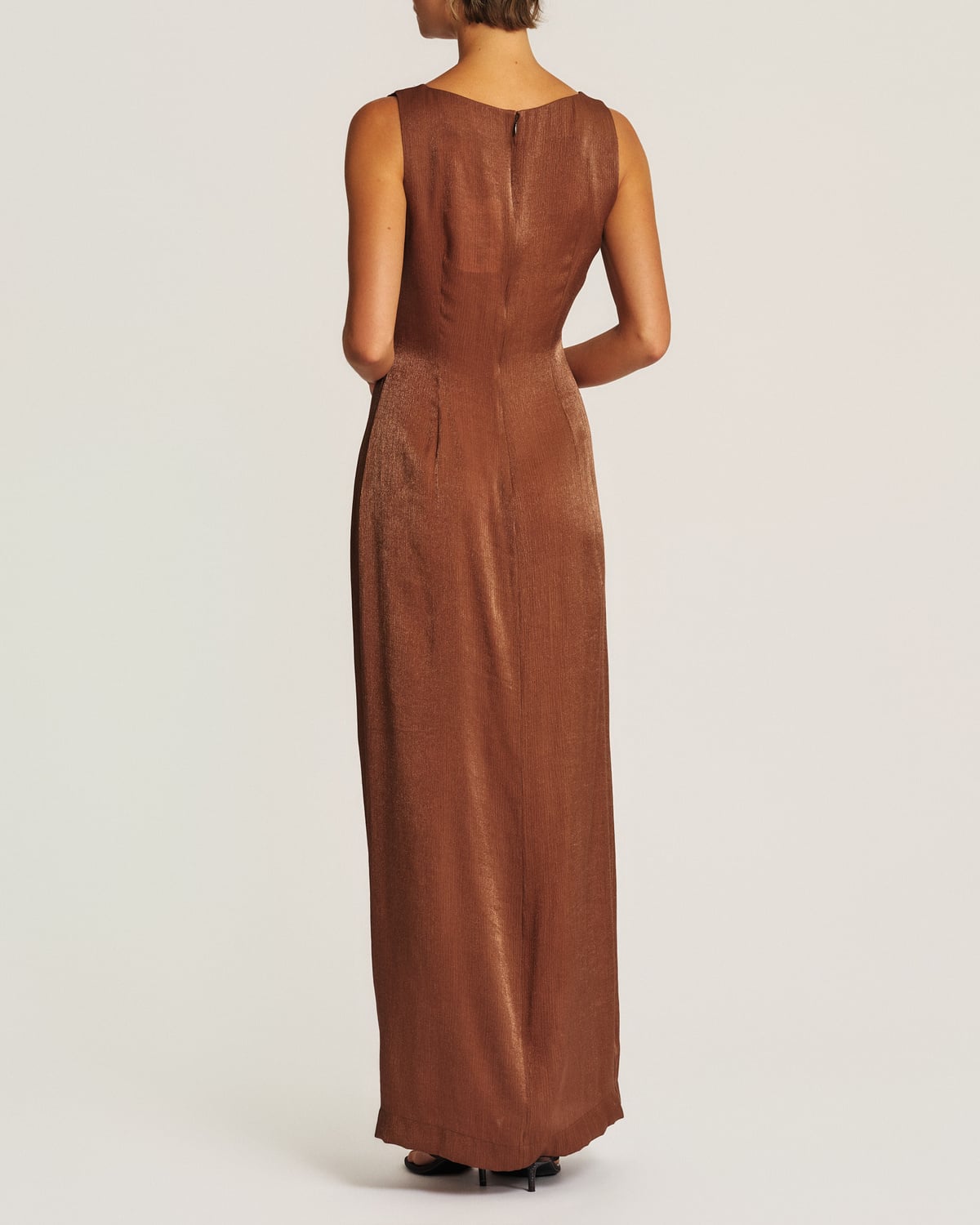 Shiny Sleeveless Dress, Brown. Image #3