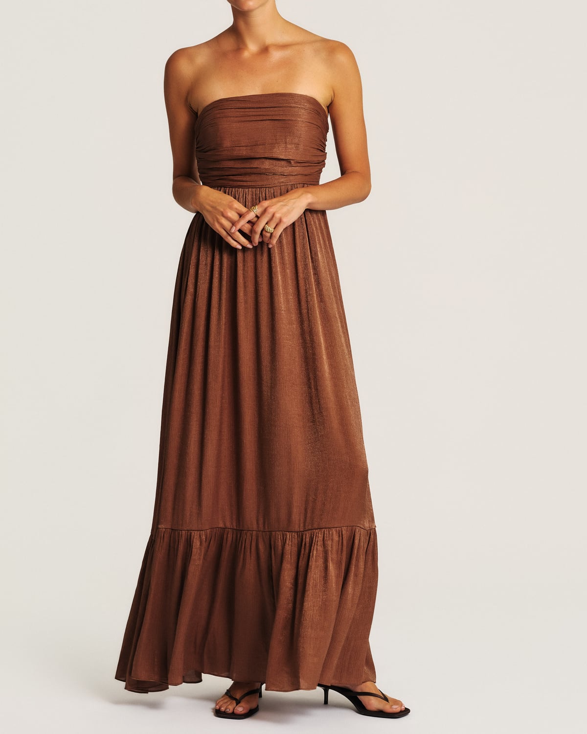 Shiny Bandeau Dress, Brown. Image #2