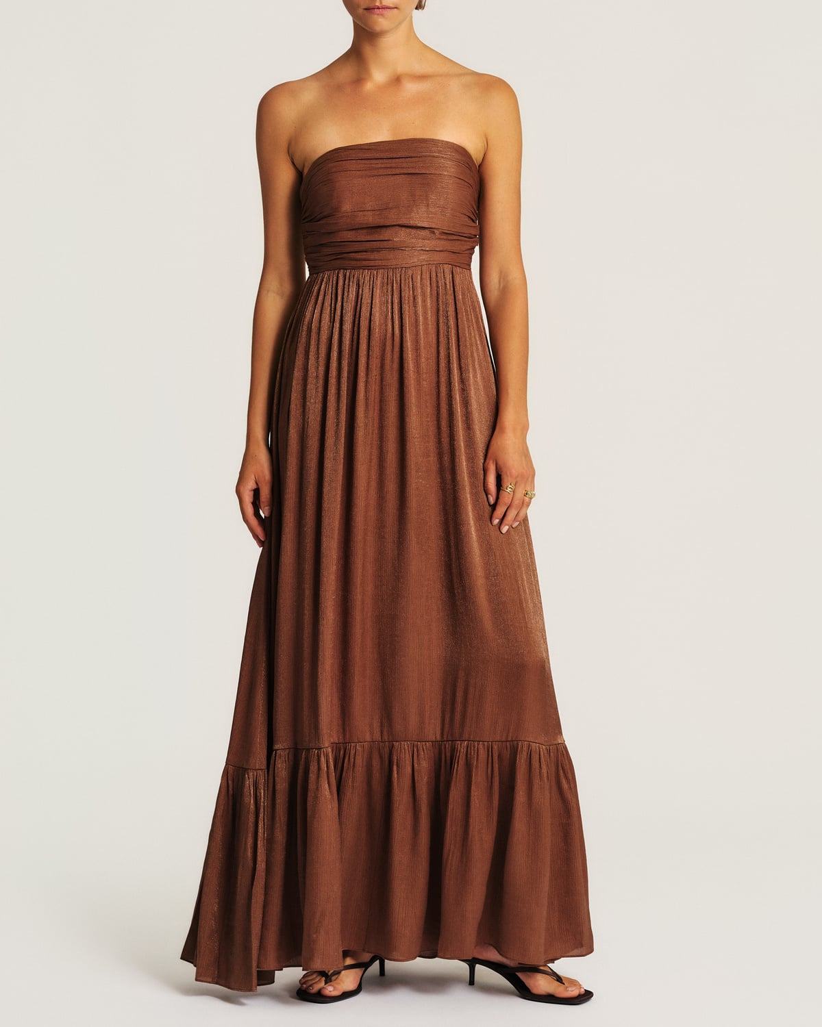 Shiny Bandeau Dress, Brown. Image #3