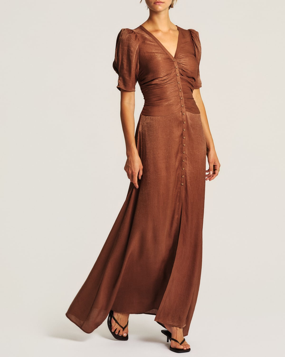 Shiny Button-Down Dress, Brown. Image #2