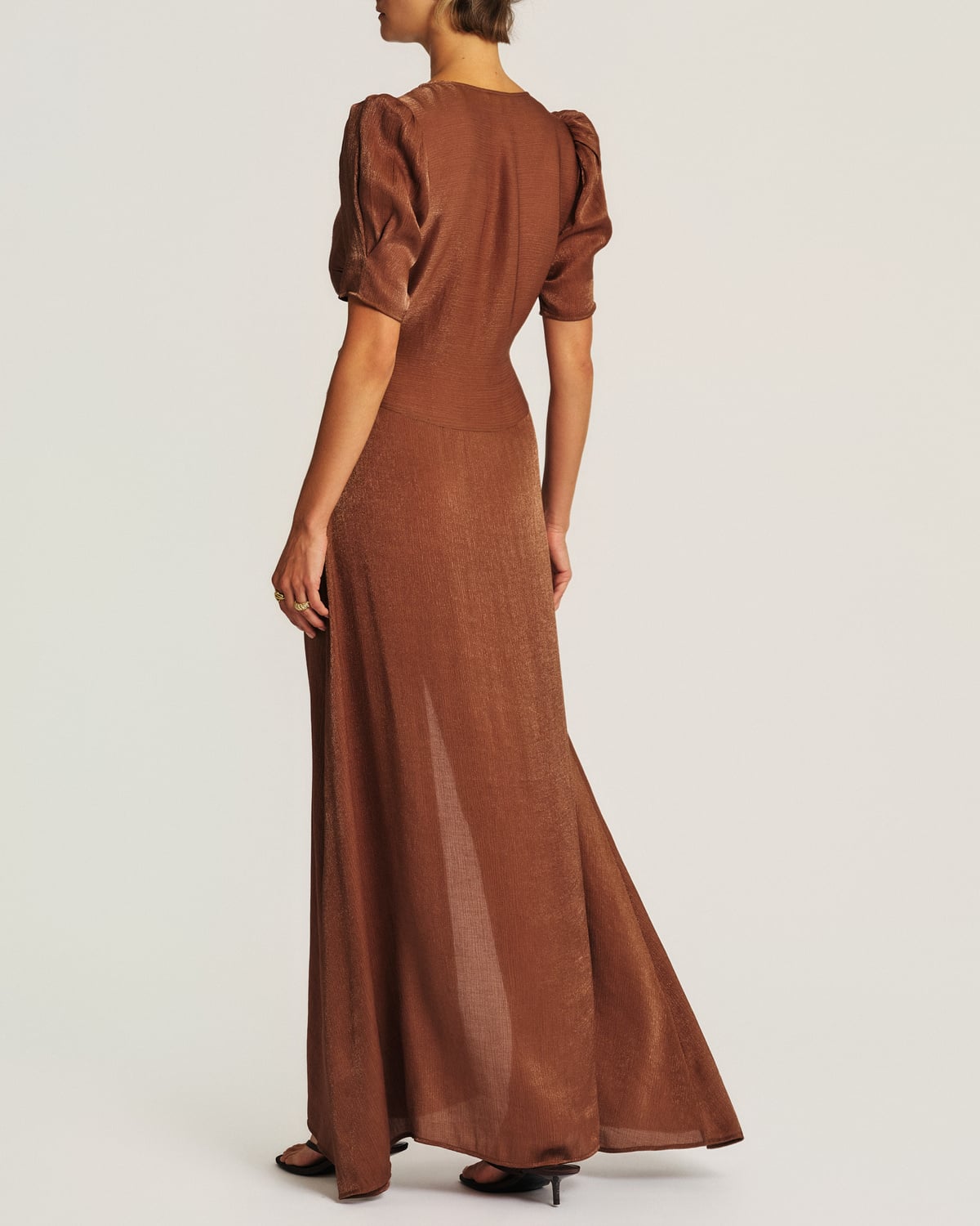 Shiny Button-Down Dress, Brown. Image #3